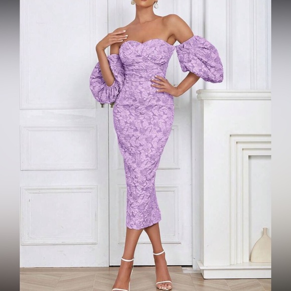 Luxe dusty pink floral jacquard off shoulder party formal evening dress - Picture 7 of 16